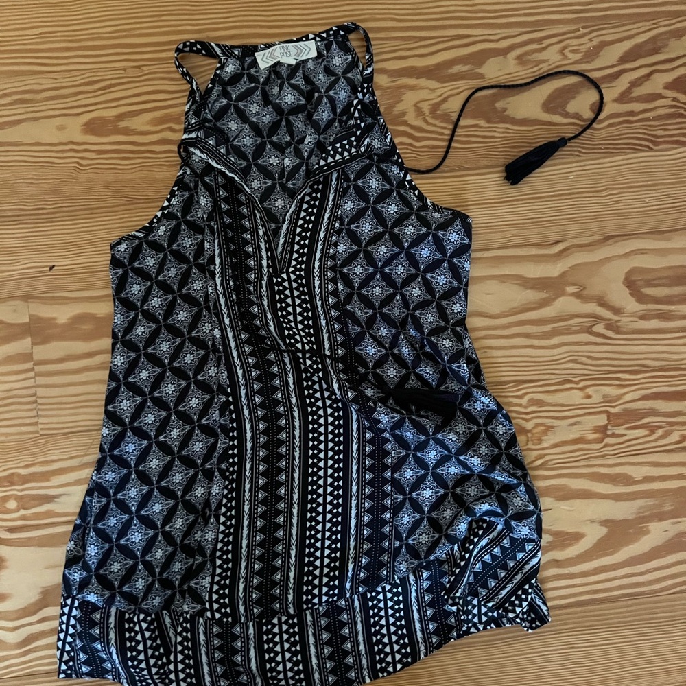 Pink Rose Black and White Blouse with Tassels